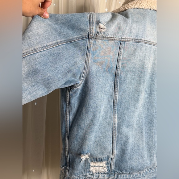 Free People Plaid Lined Denim Sherpa Collar Trucker Oversized Jacket *Flawed - Picture 9 of 9